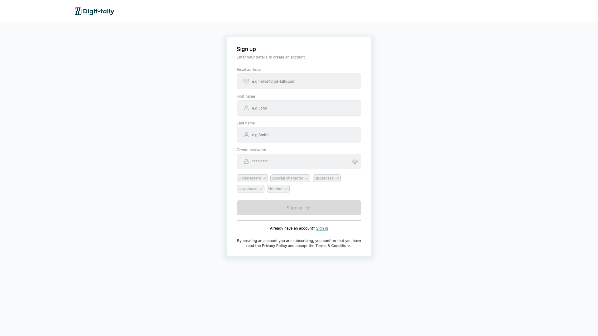 Digit Tally signup page
