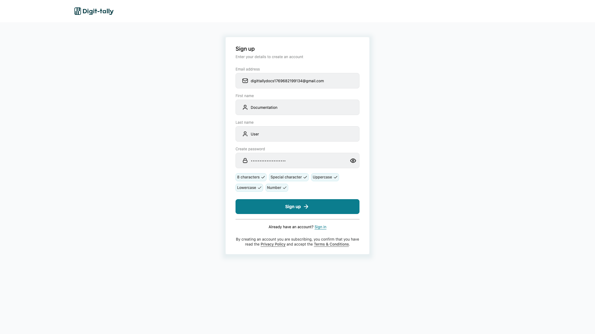 Signup form filled out